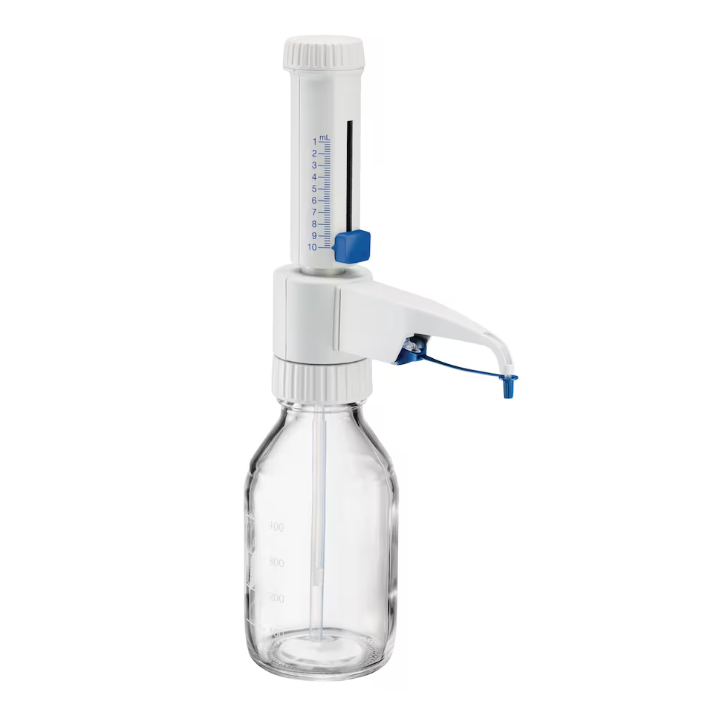 EP 4966000037 The Varispenser 2 Bottletop Dispenser, 1-10mL (Eppendorf), offers precise liquid handling in the lab with a clear graduated cylinder and a blue-white dispensing mechanism.