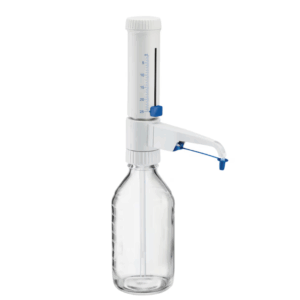 The Varispenser 2 Bottletop Dispenser, 2.5–25 mL (Eppendorf), mounted on a glass bottle, enables accurate dispensing of liquid chemicals in laboratories.