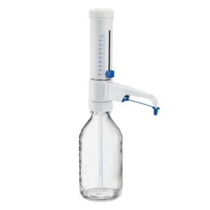 The Varispenser 2 Bottletop Dispenser, 5–50mL (Eppendorf), with a graduated scale, attaches to bottles for precise laboratory liquid dispensing.