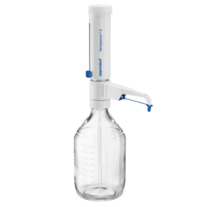A Varispenser 2 Bottletop Dispenser, 10-100mL (Eppendorf), is mounted on a clear, graduated glass bottle for precise liquid dispensing.
