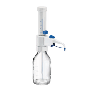 The Varispenser 2x Bottletop Dispenser with Recirculation Valve (0.2–2 mL, Eppendorf) features a clear volume indicator and suits precise liquid handling, attaching easily to measurement-marked glass bottles.