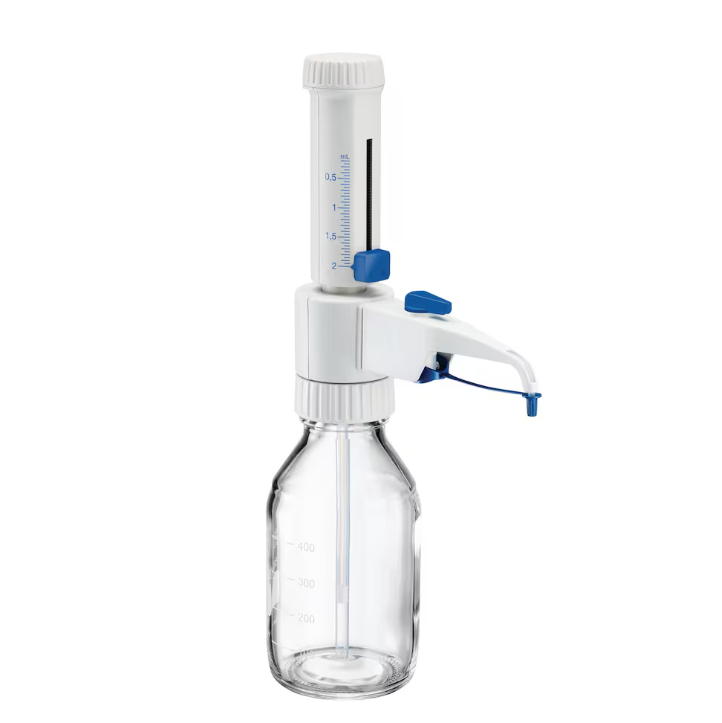 EP 4967000014 The Varispenser 2x Bottletop Dispenser with Recirculation Valve (0.2–2 mL, Eppendorf) features a clear volume indicator and suits precise liquid handling, attaching easily to measurement-marked glass bottles.