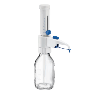The Varispenser 2x Bottletop Dispenser with Recirculation Valve (0.5–5mL, Eppendorf) is mounted on a clear glass bottle with measurement markings and adjustable controls.