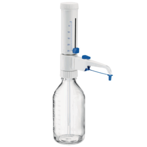 A transparent glass bottle with an Eppendorf Varispenser 2x Bottletop Dispenser (2.5-25mL) featuring a white and blue design, milliliter scale, and integrated recirculation valve is attached to the top.