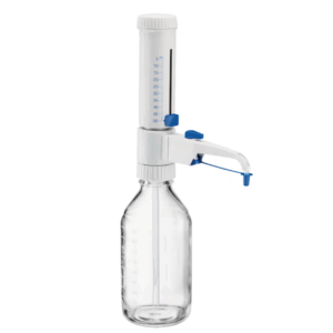 The Eppendorf Varispenser 2x Bottletop Dispenser with Recirculation Valve (5–50mL) features graduated markings, a clear glass bottle, and a white-blue dispensing mechanism for efficient reagent handling.
