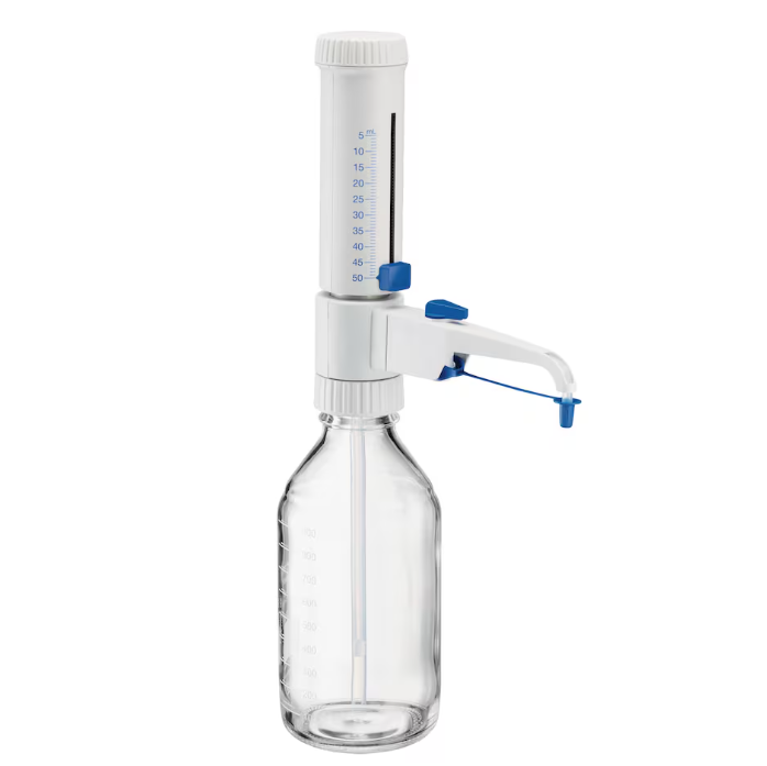 EP 4967000057 The Eppendorf Varispenser 2x Bottletop Dispenser with Recirculation Valve (5–50mL) features graduated markings, a clear glass bottle, and a white-blue dispensing mechanism for efficient reagent handling.