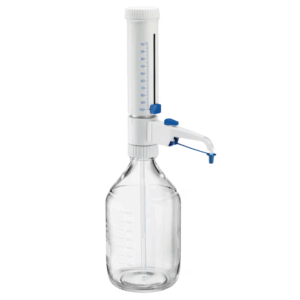 The Varispenser 2x Bottletop Dispenser with Recirculation Valve (10–100 mL, Eppendorf) attaches to a clear glass bottle, features volume markings and a dispensing nozzle, and ensures precise liquid handling with its integrated recirculation valve.