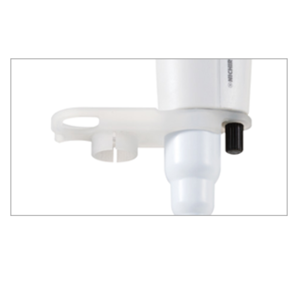 Close-up of the Nichiryo Tube Opener, 3 Pieces (Nichiryo), a white plastic laboratory accessory with a circular slot, shown attached to a pipette and serving as both a tube opener and pipette holder.
