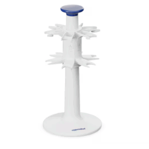 The Pipette Carousel 2 Stand holds up to 6 Research 3 pipettes (Eppendorf) and features multiple slots, a stable round base, and a blue top.