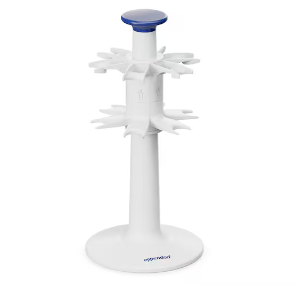 The Pipette Carousel 2 Stand holds up to 6 Research 3 pipettes (Eppendorf) and features multiple slots, a stable round base, and a blue top.