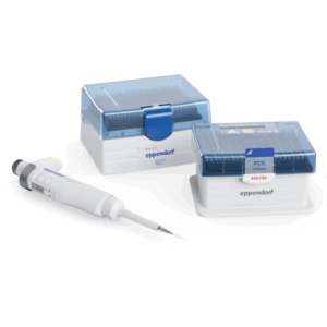 A Research 3 neo Pipette, single channel, variable volume (0.1-2.5μL), dark gray, by Eppendorf and two boxes of blue-lidded pipette tips are placed on a white surface.
