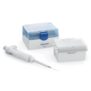 A Research 3 neo Pipette, Single Channel, Variable Volume (1-20μL, Light Gray, Eppendorf) is placed next to two boxes of Eppendorf pipette tips.