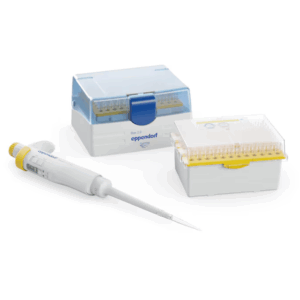 A Research 3 neo Pipette (Single Channel, Variable Volume, 5-100μL, Yellow, Eppendorf) and two boxes of variable volume Eppendorf pipette tips are arranged on a white surface.