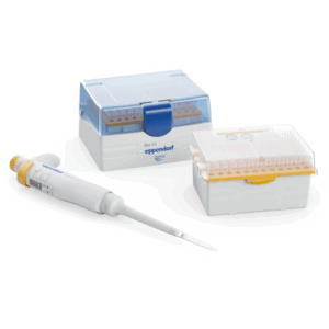 A Research 3 neo Pipette, Single Channel, Variable Volume 15-300μL, Orange (Eppendorf) is placed beside two boxes of pipette tips with transparent lids.