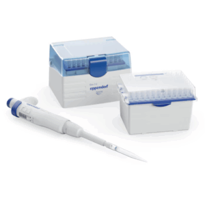 A blue Eppendorf Research 3 neo Pipette, Single Channel, Variable Volume (50-1000μL), comes with two boxes of disposable pipette tips and is shown on a white background.