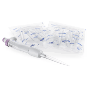 A Research 3 neo Pipette, Single Channel, Variable Volume, 0.25-5mL, Violet (Eppendorf) with a disposable tip is positioned in front of two sealed packs of sterile pipette tips.