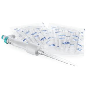 A Research 3 neo Pipette, Single Channel, Variable Volume, 0.5-10mL, Turquoise (Eppendorf) with a plastic tip attached is displayed next to two packs of sterile single channel pipette tips in sealed packaging.