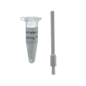 A labeled microcentrifuge tube sits beside a gray Transferpette Fluorstatic Grease Guide Rod, both displayed on a plain white background.