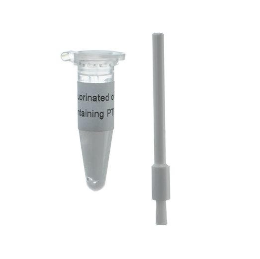 A labeled microcentrifuge tube sits beside a gray Transferpette Fluorstatic Grease Guide Rod, both displayed on a plain white background.