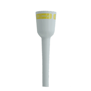 A white Transferpette Electronic Lower Ejector Housing for Single Channel 10-200μL pipettes (BrandTech), featuring a yellow 200 label and secure fit, is shown on a plain white background.