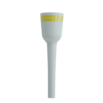 A white Transferpette Electronic Lower Ejector Housing for Single Channel 10-200μL pipettes (BrandTech), featuring a yellow 200 label and secure fit, is shown on a plain white background.