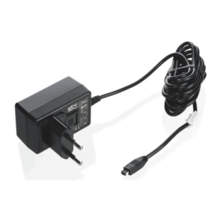 Black AC Adapter, 230V, with two round prongs and a coiled mini USB cable, designed for use with BrandTech Transferpette Electronic devices in Europe.