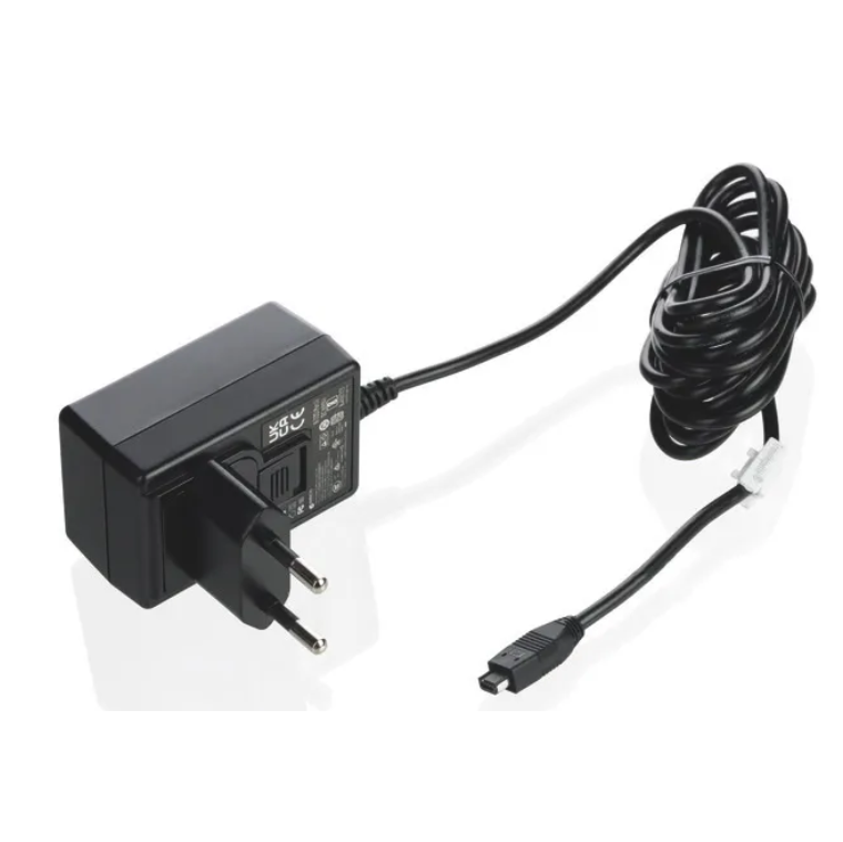 BT 705350 Black AC Adapter, 230V, with two round prongs and a coiled mini USB cable, designed for use with BrandTech Transferpette Electronic devices in Europe.