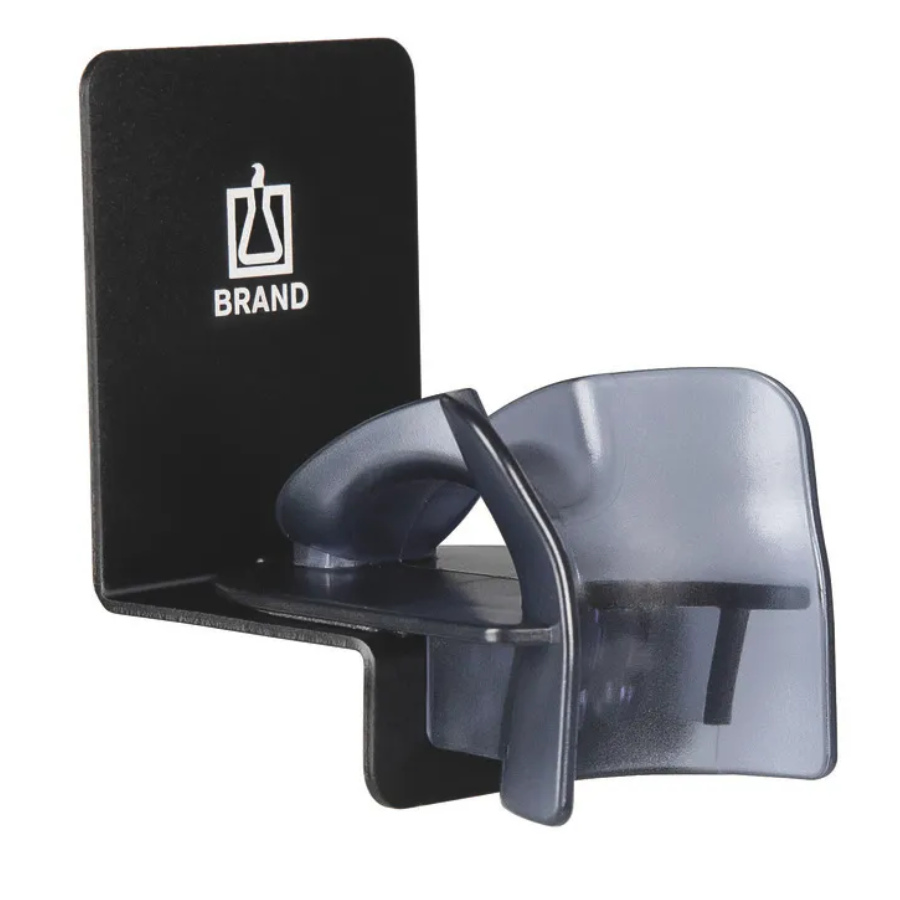 The Transferpette Electronic Wall Mount by BrandTech holds one pipette and features a black and gray curved plastic design with a white BrandTech logo, ideal for convenient wall storage of your Transferpette Electronic pipettes.