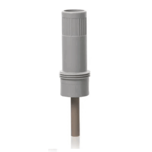 Gray plastic and metal sensor probe with ribbed upper casing, smooth middle, and cylindrical tip— the BrandTech Transferpette Electronic Piston, Single Channel, 10-200μL—shown on a white background.