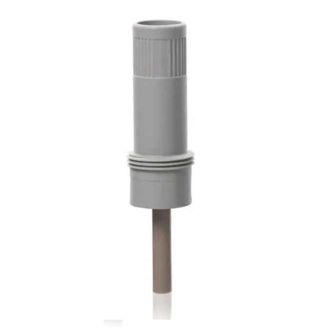 BT 705523 Gray plastic and metal sensor probe with ribbed upper casing, smooth middle, and cylindrical tip— the BrandTech Transferpette Electronic Piston, Single Channel, 10-200μL—shown on a white background.