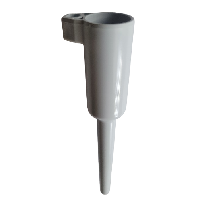 The Nichiryo / Oxford Tip Ejector Pipe, 2μL & 10μL (Nichiryo) is a white plastic cone-shaped device with a cylindrical top, pointed bottom, and a small compartment near the top.