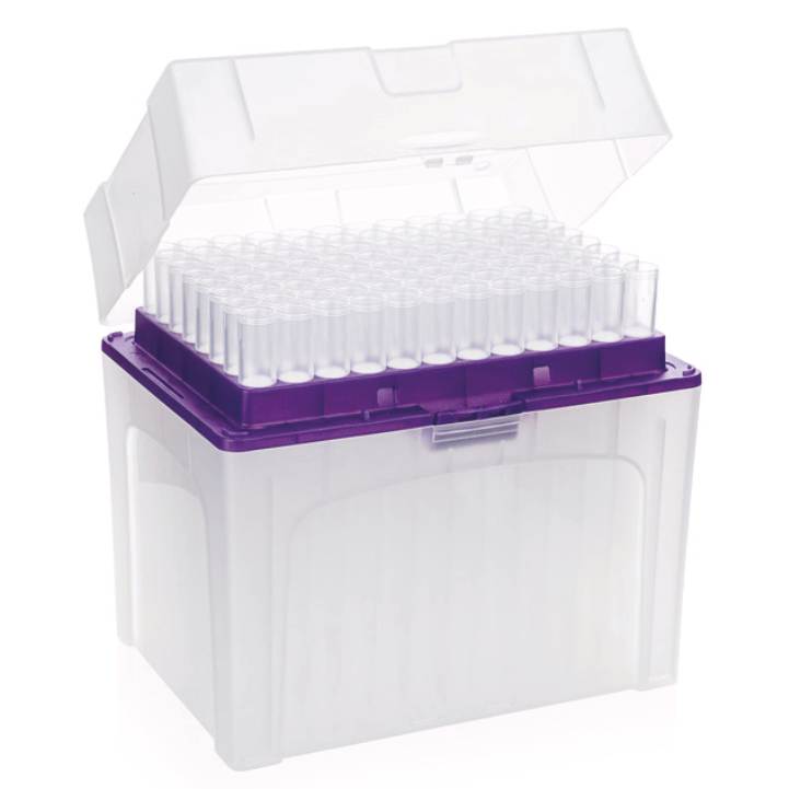 BrandTech Filter Tips TipBox, 50-1250μL XL, with a hinged lid, contains 480 transparent filter tips in a purple rack (102mm).