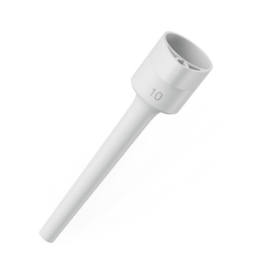 A medium gray or yellow Research 3 neo Ejector Sleeve, Single Channel, 10μL (Eppendorf), with a long shaft and "10" printed on the side.