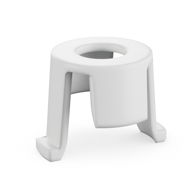 The Research 3 neo Piston Mount is a white plastic stand with three legs and a central circular opening, designed to securely hold Eppendorf 3 single channel pistons (2.5μL-1000μL).