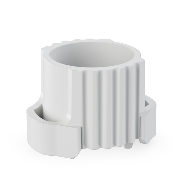 White plastic cylindrical part with vertical ridges and notches, identified as the Eppendorf Research 3 neo Piston Spring Lock, SC - 2mL 5mL 10mL, MC - All Volumes.