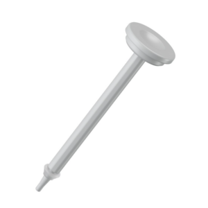 The Research 3 neo Piston with Sealing Ring, Single Channel, Yellow, 100μL (Eppendorf) is shown as a single white plastic nozzle with a flat circular top and sealing ring, isolated on a plain white background.