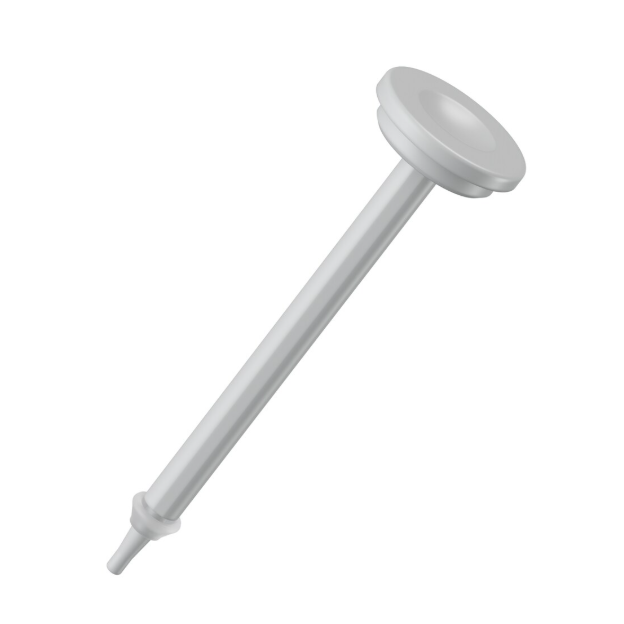 The Research 3 neo Piston with Sealing Ring, Single Channel, Yellow, 100μL (Eppendorf) is shown as a single white plastic nozzle with a flat circular top and sealing ring, isolated on a plain white background.