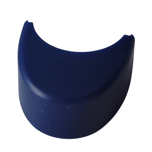 A dark blue, curved plastic ejector button with two upper notches for Eppendorf Research 3 neo Single Channel pipettes, shown on a white background.