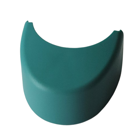 A turquoise Research 3 neo Ejector Button for Eppendorf single channel pipettes is shown with a crescent shape, smooth surface, and top notch, photographed on a white background.
