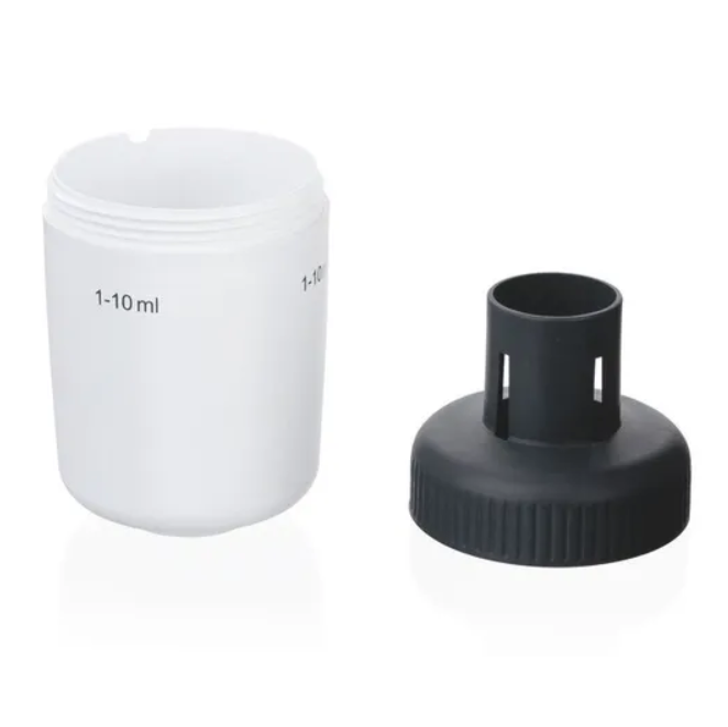 A white plastic 1-10mL measuring container is shown with a black multi-opening cap, suitable for use with the BrandTech Transferpette pro Ejector Set Single Channel system.
