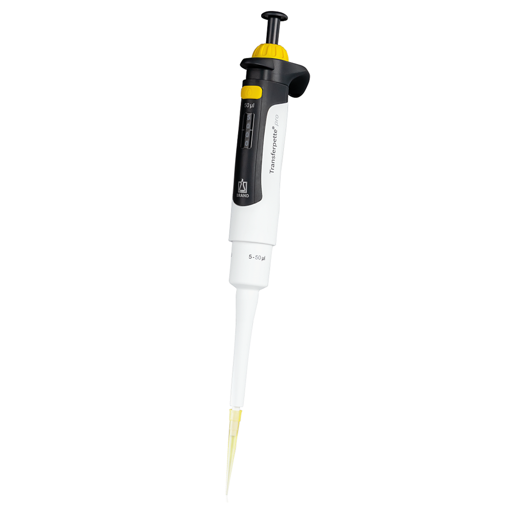 BT 706873 Transferpette pro Pipette, Single Channel, Adjustable Volume, Yellow, 5-50μL (BrandTech)