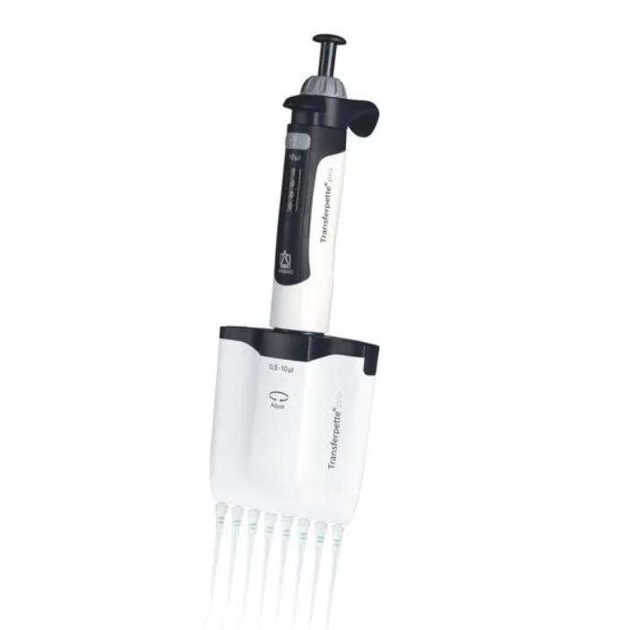 The Transferpette pro Pipette, Multichannel, 8 Channel, 0.5-10μL (BrandTech) allows simultaneous dispensing of volumes from 0.5 to 10μL into multiple wells.