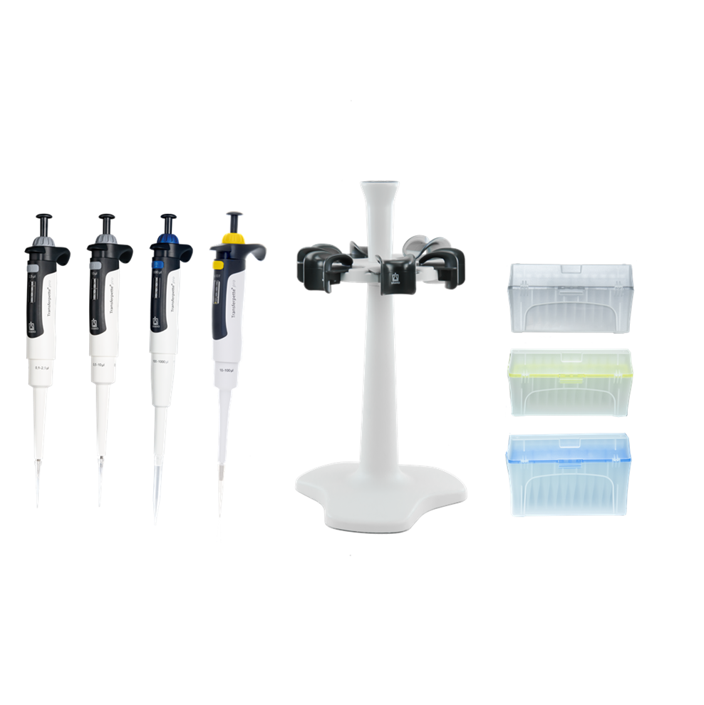TFPP4B10_Promo_Set_Bundle_1 The Transferpette pro Promo Bundle #1 (BrandTech) with four single channel pipettes (0.1–2.5μL, 0.5–10μL, 10–100μL, 100–1000μL) with boxes of blue, yellow, and clear pipette tips TFPP4B10