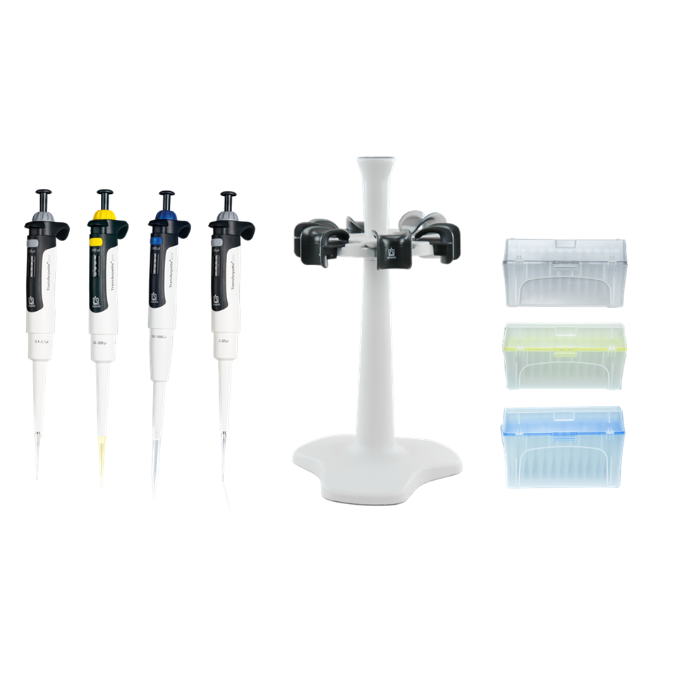 TFPP4B20_Promo_Set_Bundle_2 The Transferpette pro Promo Bundle #2 by BrandTech, featuring four single channel pipettes (0.1-2.5μL, 2-20μL, 20-200μL, 100-1000μL), is arranged with a white pipette stand and three boxes of pipette tips TFPP4B20