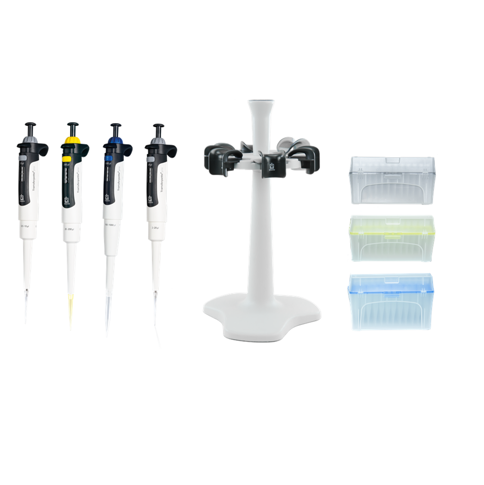 TFPP4B30_Promo_Set_Bundle_3 The Transferpette pro Promo Bundle #3 by BrandTech, featuring 4 single channel pipettes (10μL, 2-20μL, 20-200μL, 100-1000μL), is displayed with a white stand and three boxes of pipette tips TFPP4B30