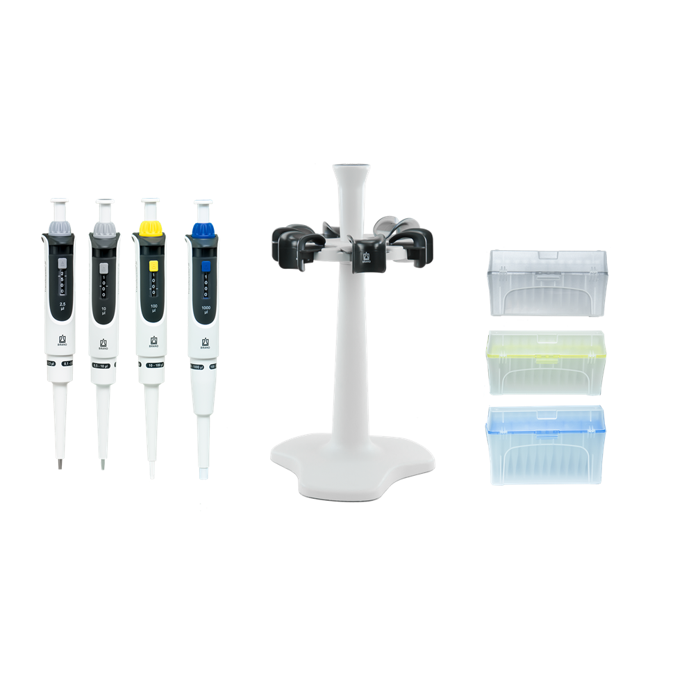 TFPS4B10 Promtional bundle 1 The Transferpette S Promo Bundle #1 by BrandTech, featuring four single channel pipettes (0.1-2.5μL, 0.5-10μL, 10-100μL, 100-1000μL) and a carousel stand