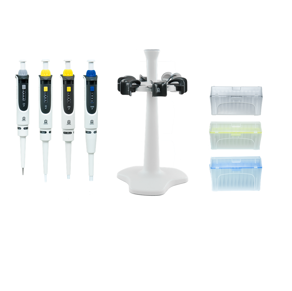 TFPS4B20_Promtional_bundle_2 The Transferpette S Promo Bundle #2 includes four single channel pipettes (0.1-2.5μL, 2-20μL, 20-200μL, 100-1000μL) and a carousel stand, all from BrandTech