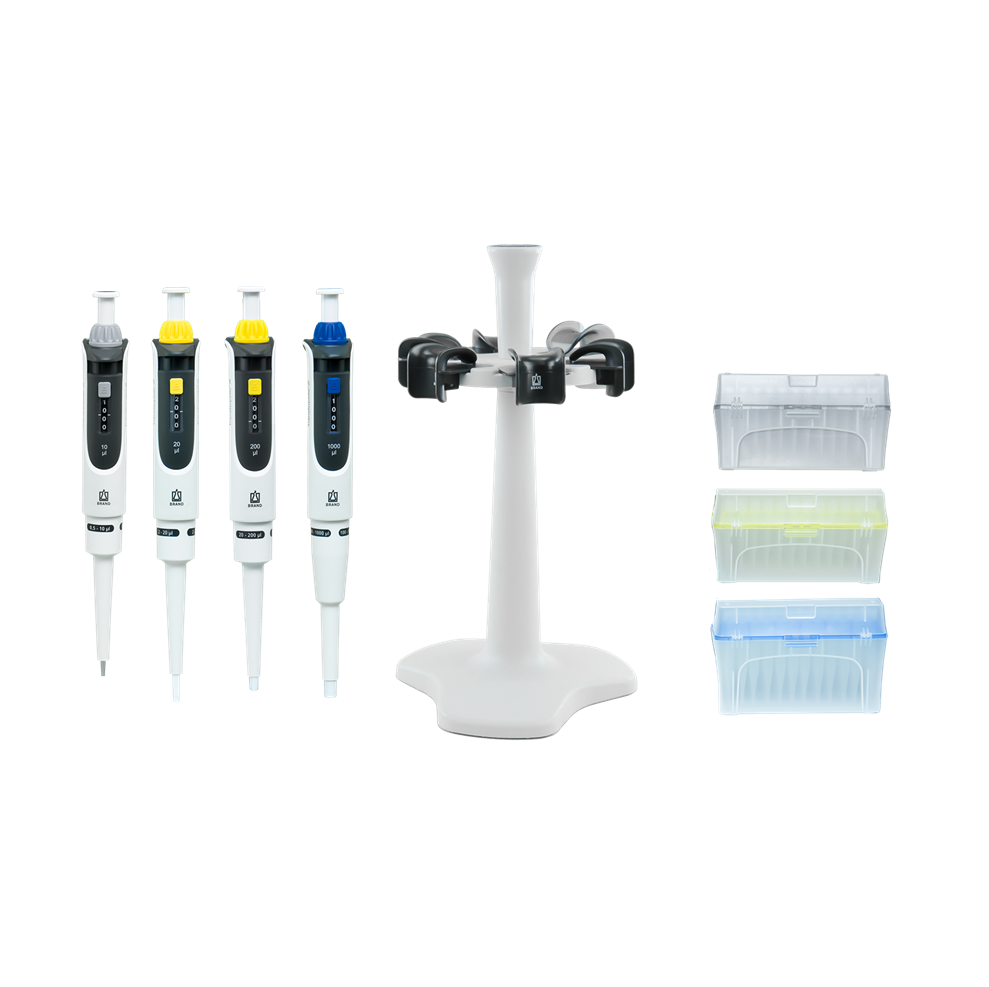TFPS4B30 Promtional_bundle_3 The Transferpette S Promo Bundle #3 by BrandTech, featuring four single channel pipettes (0.5-10μL, 2-20μL, 20-200μL, 100-1000μL) and a carousel stand