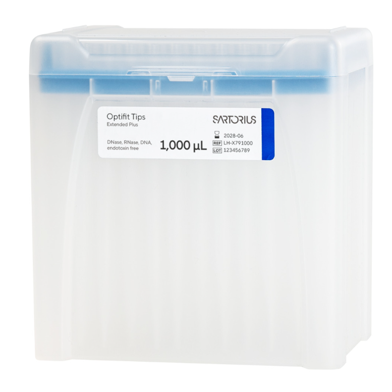 SA LH-X791000 "Optifit Extended Plus Tips, Racked, 1000μL, Non-Sterile, Blue, 119mm," contains 10 racks of 96 Sartorius pipette tips (960 total) for lab use.