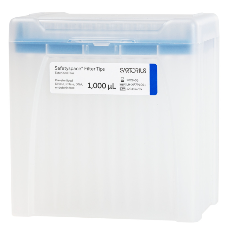 SA LH-XF791001 A blue plastic box labeled SafetySpace Filtered Extended Plus Length Tips, 1000 μL, Racked, Sterile, 10x96 (Sartorius), contains 960 pipette tips with a product info sticker on the front.